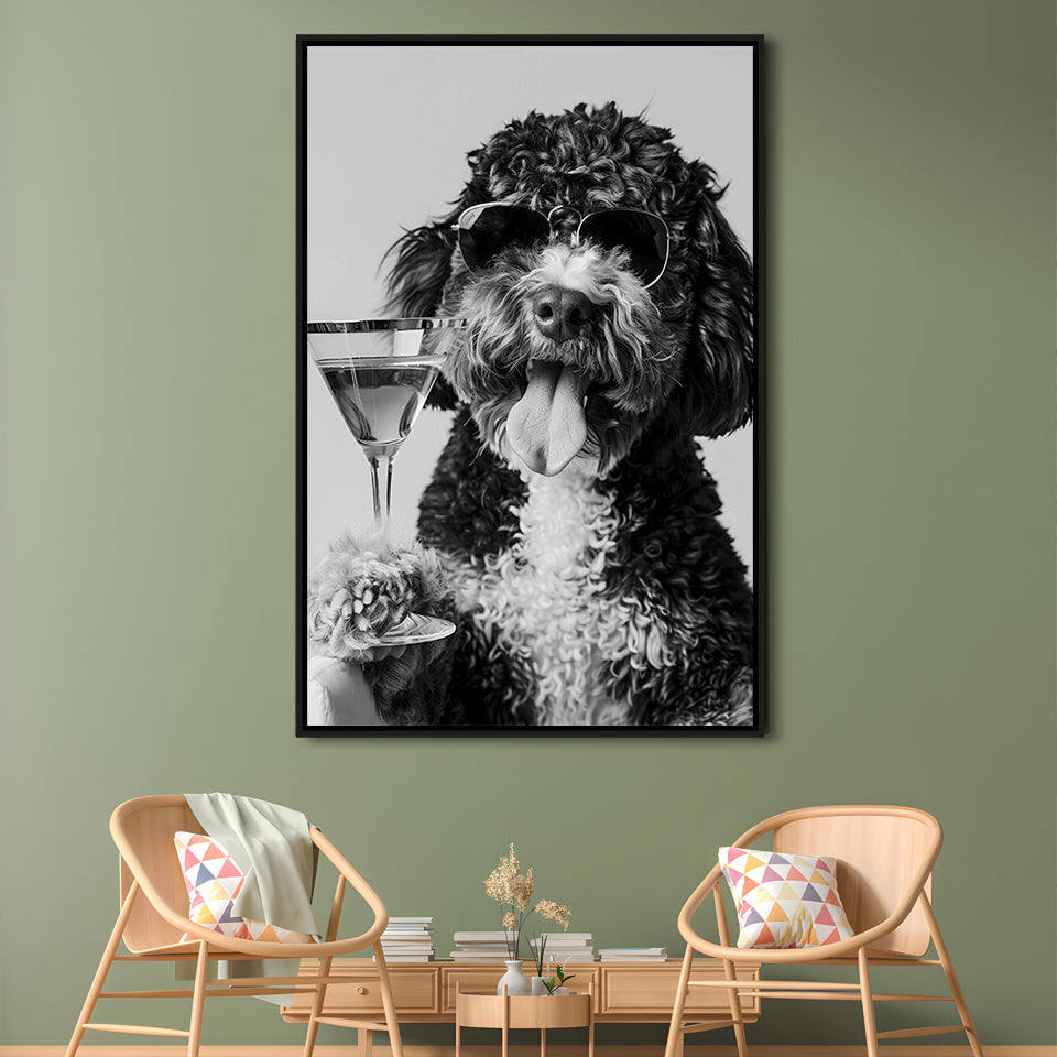 Bernedoodle Holding Cocktail Framed Canvas Print Wall Art, Black and White, Dog Gift, Bar Cart Art Decor