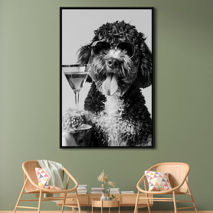 Bernedoodle Holding Cocktail Framed Canvas Print Wall Art, Black and White, Dog Gift, Bar Cart Art Decor