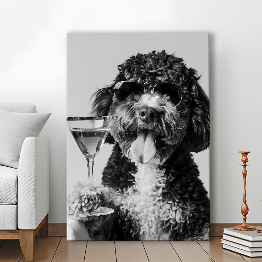 Bernedoodle Holding Cocktail Canvas Print Wall Art, Black and White, Dog Gift, Martini Glass Print, Bar Cart Art Decor