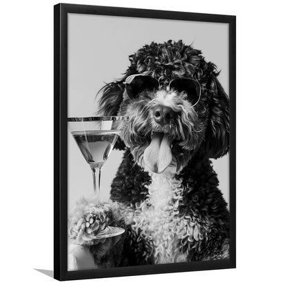 Bernedoodle Holding Cocktail Framed Art Print Wall Decor, Black and White, Dog Gift, Bar Cart Art Decor