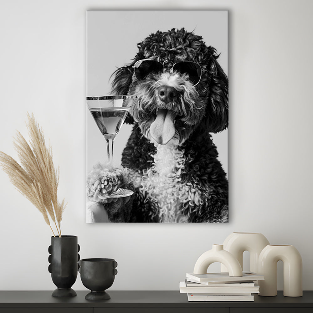 Bernedoodle Holding Cocktail Canvas Print Wall Art, Black and White, Dog Gift, Martini Glass Print, Bar Cart Art Decor