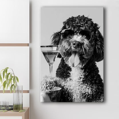 Bernedoodle Holding Cocktail Canvas Print Wall Art, Black and White, Dog Gift, Martini Glass Print, Bar Cart Art Decor
