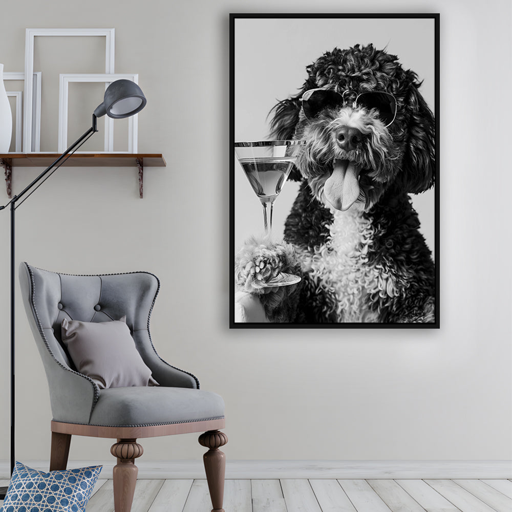 Bernedoodle Holding Cocktail Framed Canvas Print Wall Art, Black and White, Dog Gift, Bar Cart Art Decor