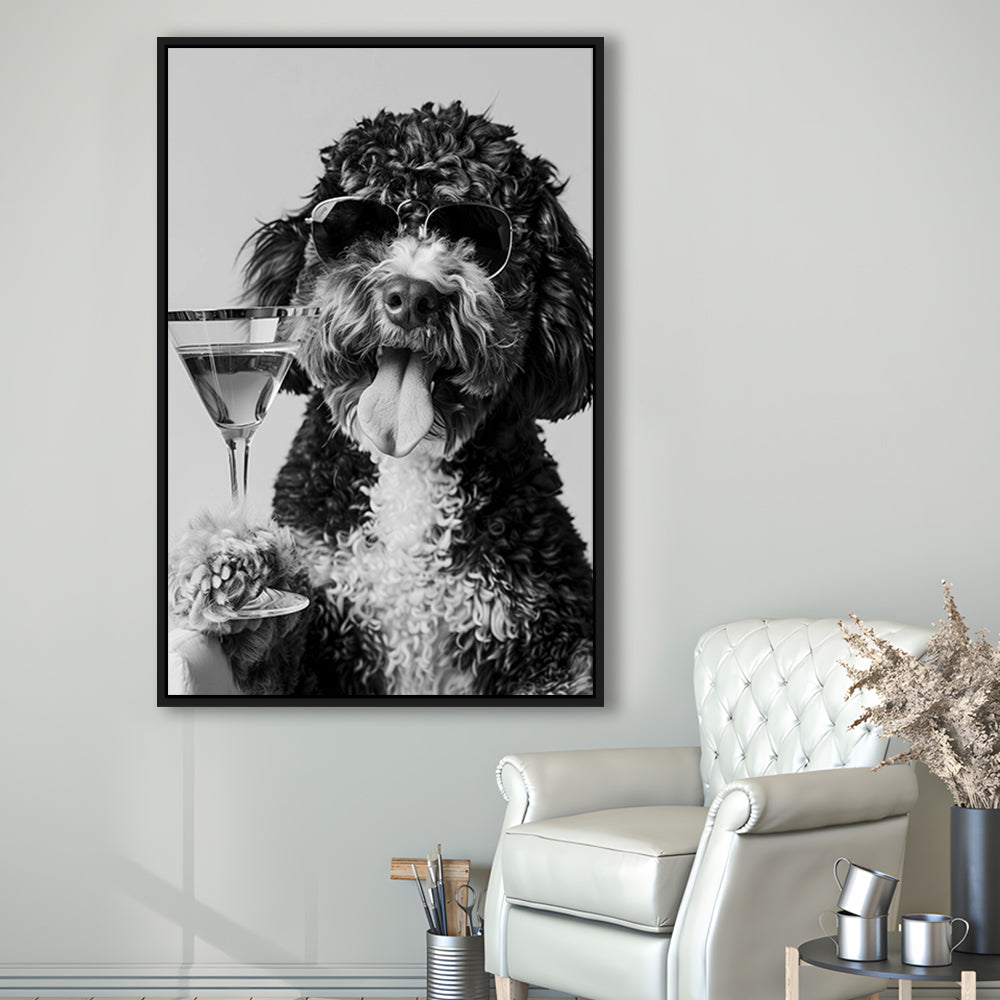 Bernedoodle Holding Cocktail Framed Canvas Print Wall Art, Black and White, Dog Gift, Bar Cart Art Decor