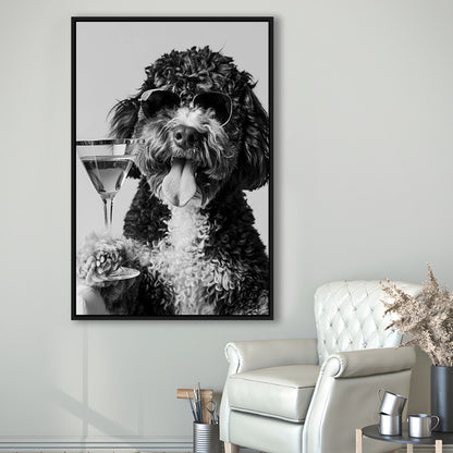 Bernedoodle Holding Cocktail Framed Canvas Print Wall Art, Black and White, Dog Gift, Bar Cart Art Decor