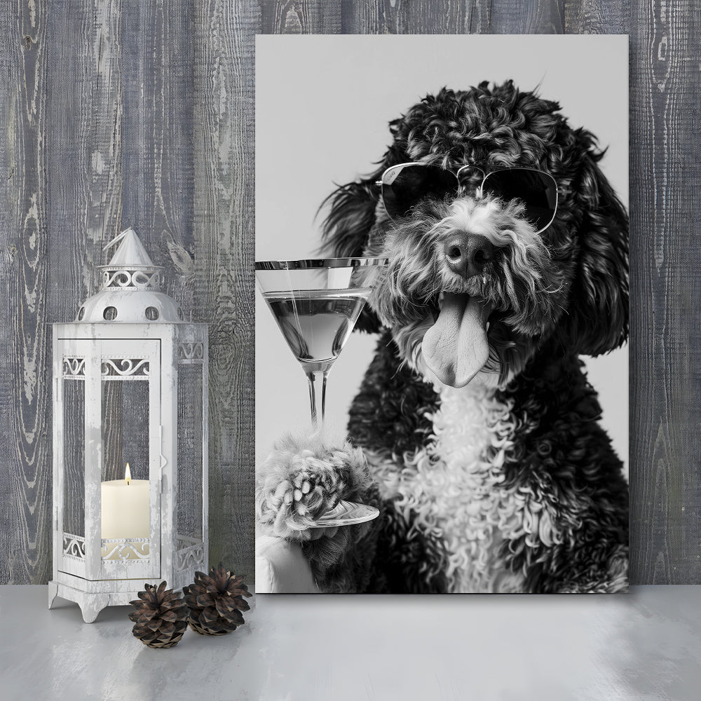 Bernedoodle Holding Cocktail Canvas Print Wall Art, Black and White, Dog Gift, Martini Glass Print, Bar Cart Art Decor