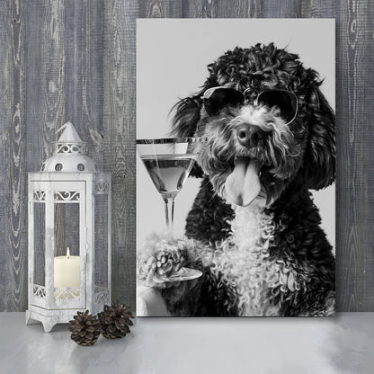 Bernedoodle Holding Cocktail Canvas Print Wall Art, Black and White, Dog Gift, Martini Glass Print, Bar Cart Art Decor