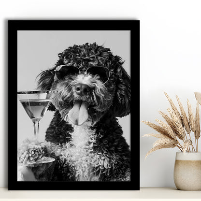 Bernedoodle Holding Cocktail Framed Art Print Wall Decor, Black and White, Dog Gift, Bar Cart Art Decor