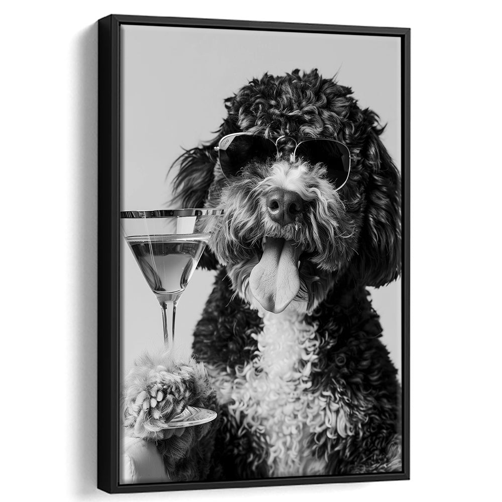 Bernedoodle Holding Cocktail Framed Canvas Print Wall Art, Black and White, Dog Gift, Bar Cart Art Decor