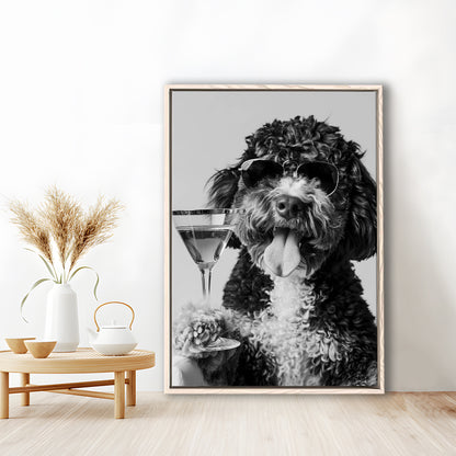 Bernedoodle Holding Cocktail Framed Canvas Print Wall Art, Black and White, Dog Gift, Bar Cart Art Decor