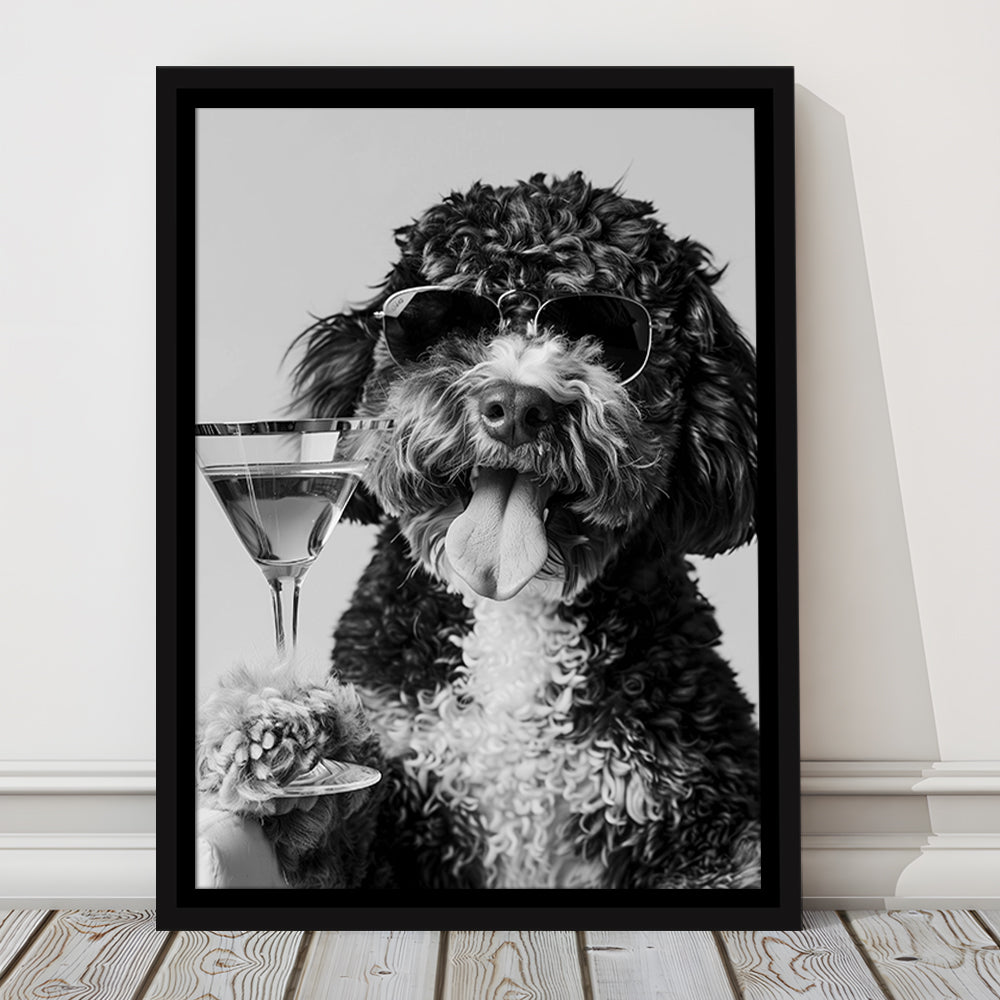 Bernedoodle Holding Cocktail Framed Canvas Print Wall Art, Black and White, Dog Gift, Bar Cart Art Decor