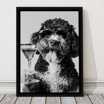 Bernedoodle Holding Cocktail Framed Canvas Print Wall Art, Black and White, Dog Gift, Bar Cart Art Decor