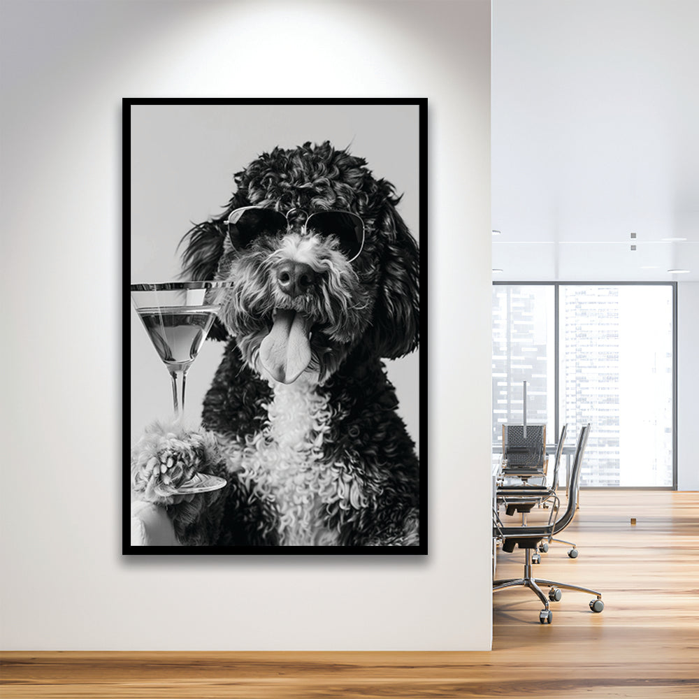 Bernedoodle Holding Cocktail Framed Art Print Wall Decor, Black and White, Dog Gift, Bar Cart Art Decor