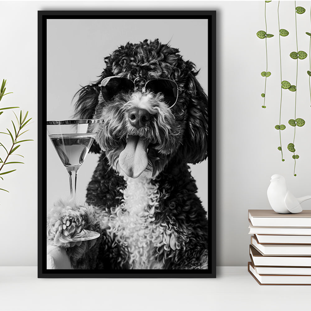 Bernedoodle Holding Cocktail Framed Canvas Print Wall Art, Black and White, Dog Gift, Bar Cart Art Decor