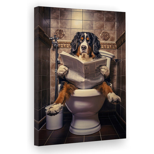 Bernese Mountain Dog On The Toilet Reading Newspaper, Canvas Print Wall Art, Wall Decor, Painting Canvas
