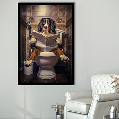Bernese Mountain Dog On The Toilet Reading Newspaper, Framed Art Print Wall Decor, Picture Framed