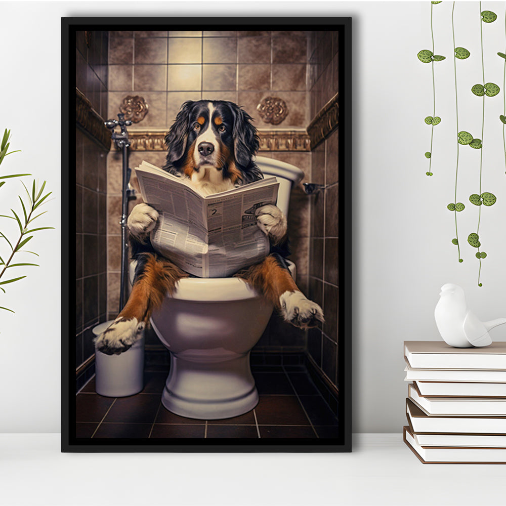 Bernese Mountain Dog On The Toilet Reading Newspaper, Framed Canvas Print Wall Art, Floating Frame