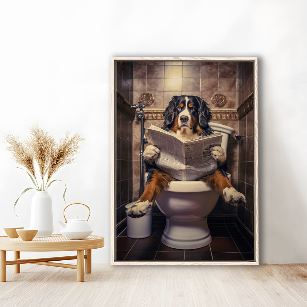 Bernese Mountain Dog On The Toilet Reading Newspaper, Framed Canvas Print Wall Art, Floating Frame