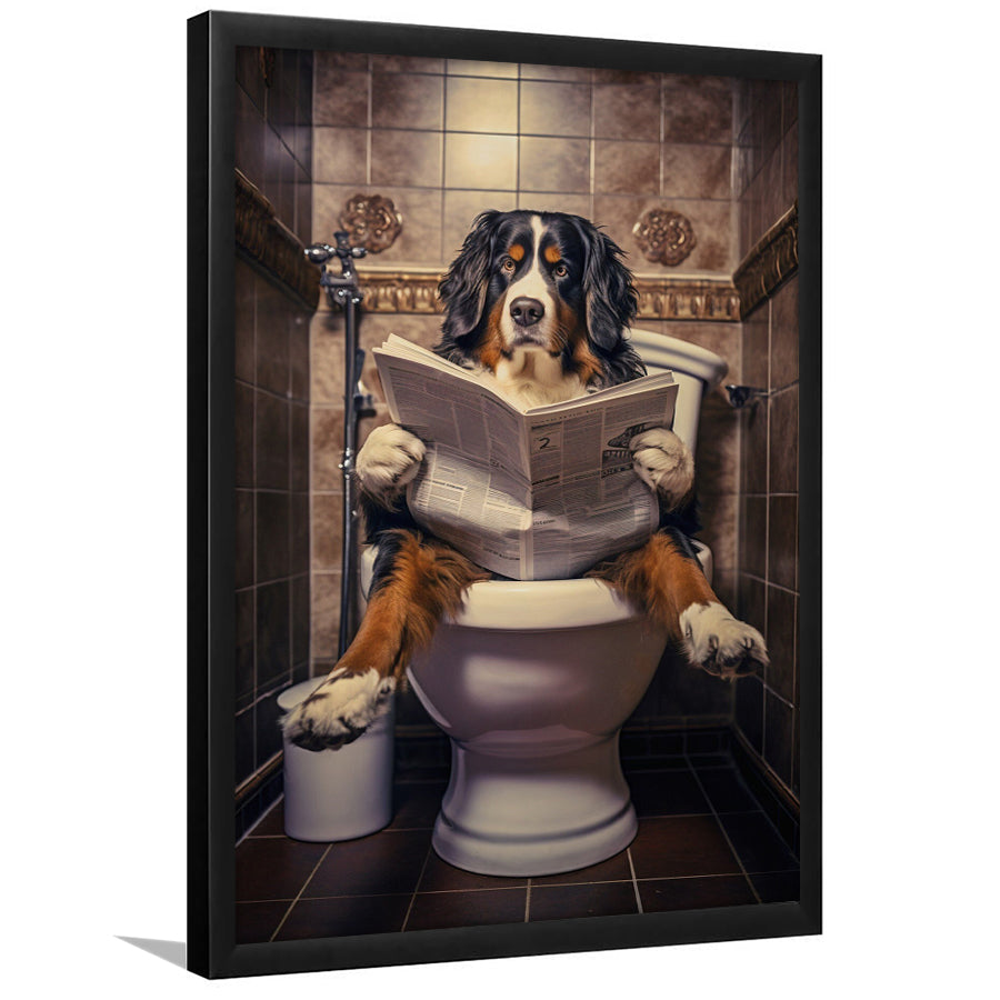 Bernese Mountain Dog On The Toilet Reading Newspaper, Framed Art Print Wall Decor, Picture Framed
