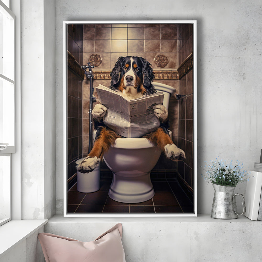 Bernese Mountain Dog On The Toilet Reading Newspaper, Framed Canvas Print Wall Art, Floating Frame