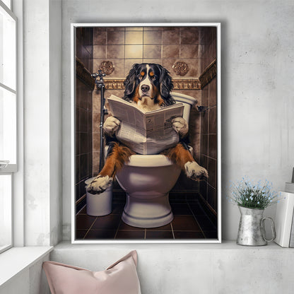 Bernese Mountain Dog On The Toilet Reading Newspaper, Framed Canvas Print Wall Art, Floating Frame