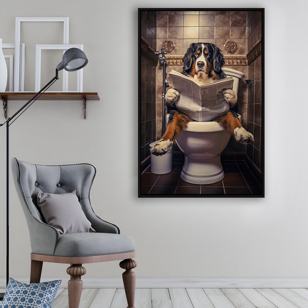 Bernese Mountain Dog On The Toilet Reading Newspaper, Framed Canvas Print Wall Art, Floating Frame