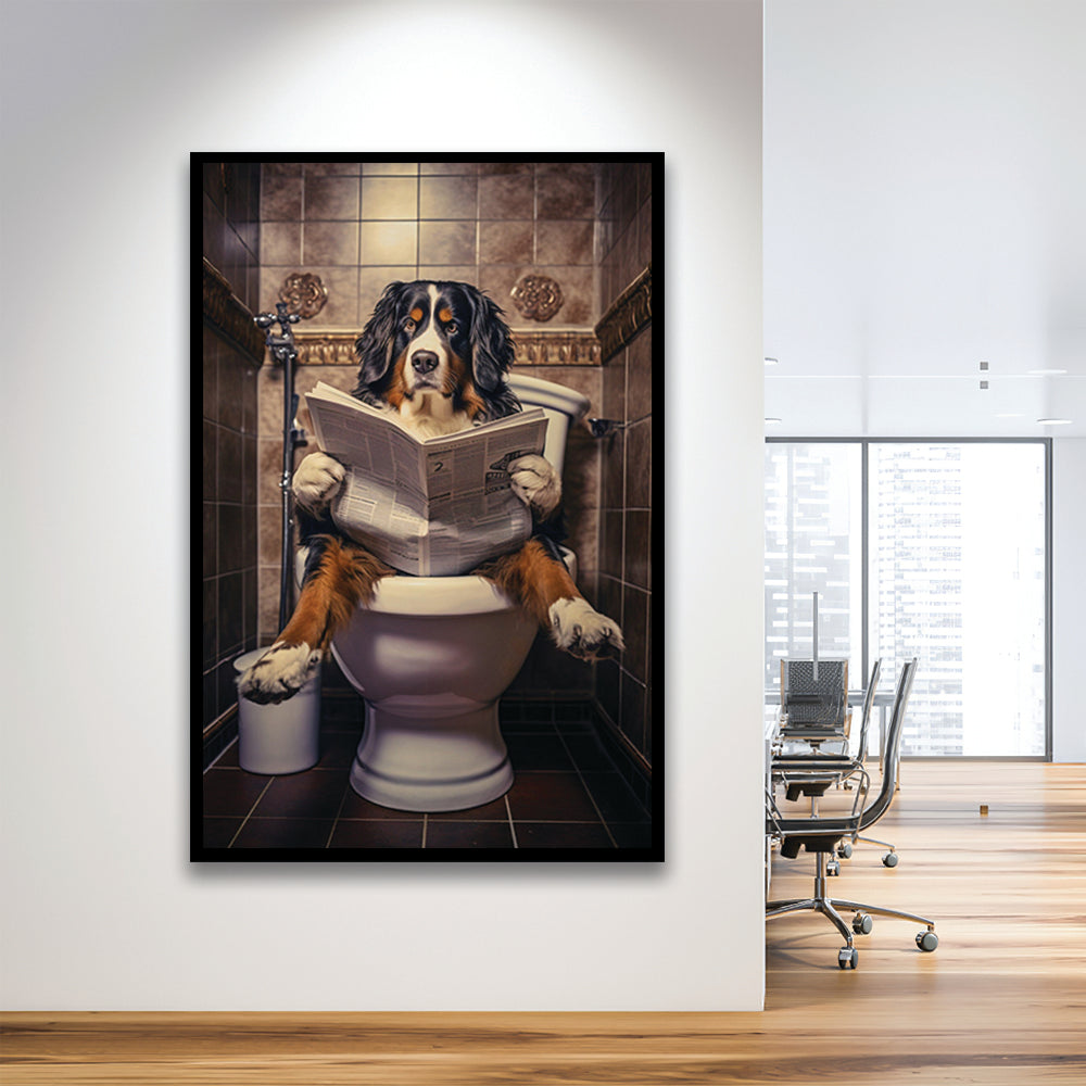 Bernese Mountain Dog On The Toilet Reading Newspaper, Framed Art Print Wall Decor, Picture Framed