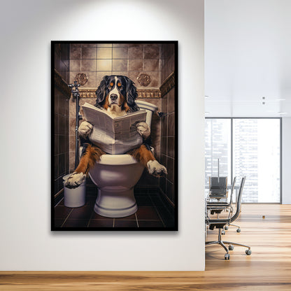 Bernese Mountain Dog On The Toilet Reading Newspaper, Framed Art Print Wall Decor, Picture Framed