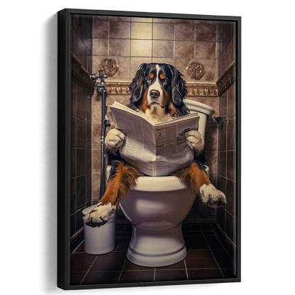 Bernese Mountain Dog On The Toilet Reading Newspaper, Framed Canvas Print Wall Art, Floating Frame