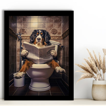 Bernese Mountain Dog On The Toilet Reading Newspaper, Framed Art Print Wall Decor, Picture Framed