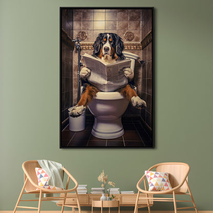 Bernese Mountain Dog On The Toilet Reading Newspaper, Framed Canvas Print Wall Art, Floating Frame