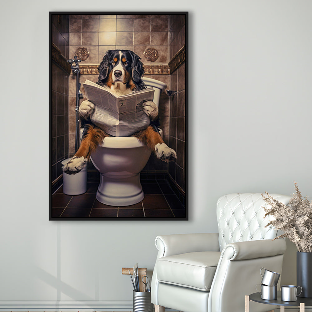 Bernese Mountain Dog On The Toilet Reading Newspaper, Framed Canvas Print Wall Art, Floating Frame