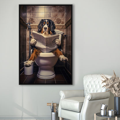 Bernese Mountain Dog On The Toilet Reading Newspaper, Framed Canvas Print Wall Art, Floating Frame