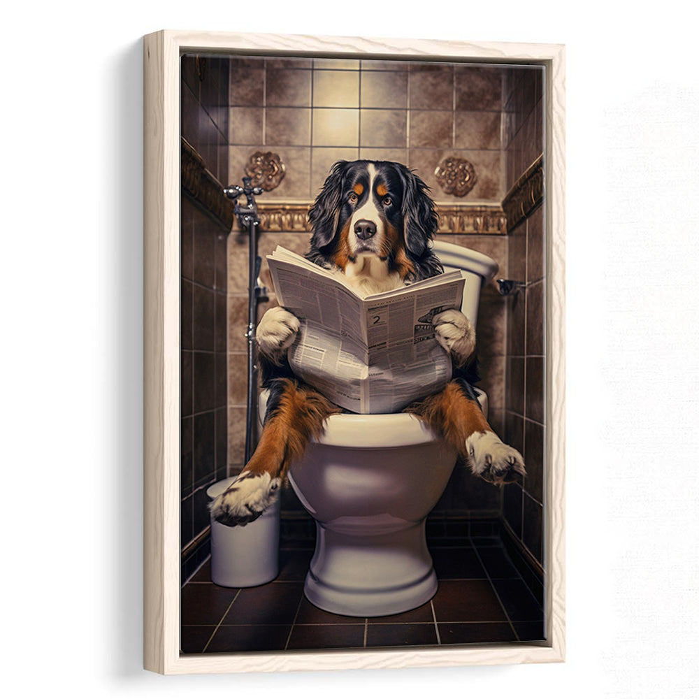 Bernese Mountain Dog On The Toilet Reading Newspaper, Framed Canvas Print Wall Art, Floating Frame