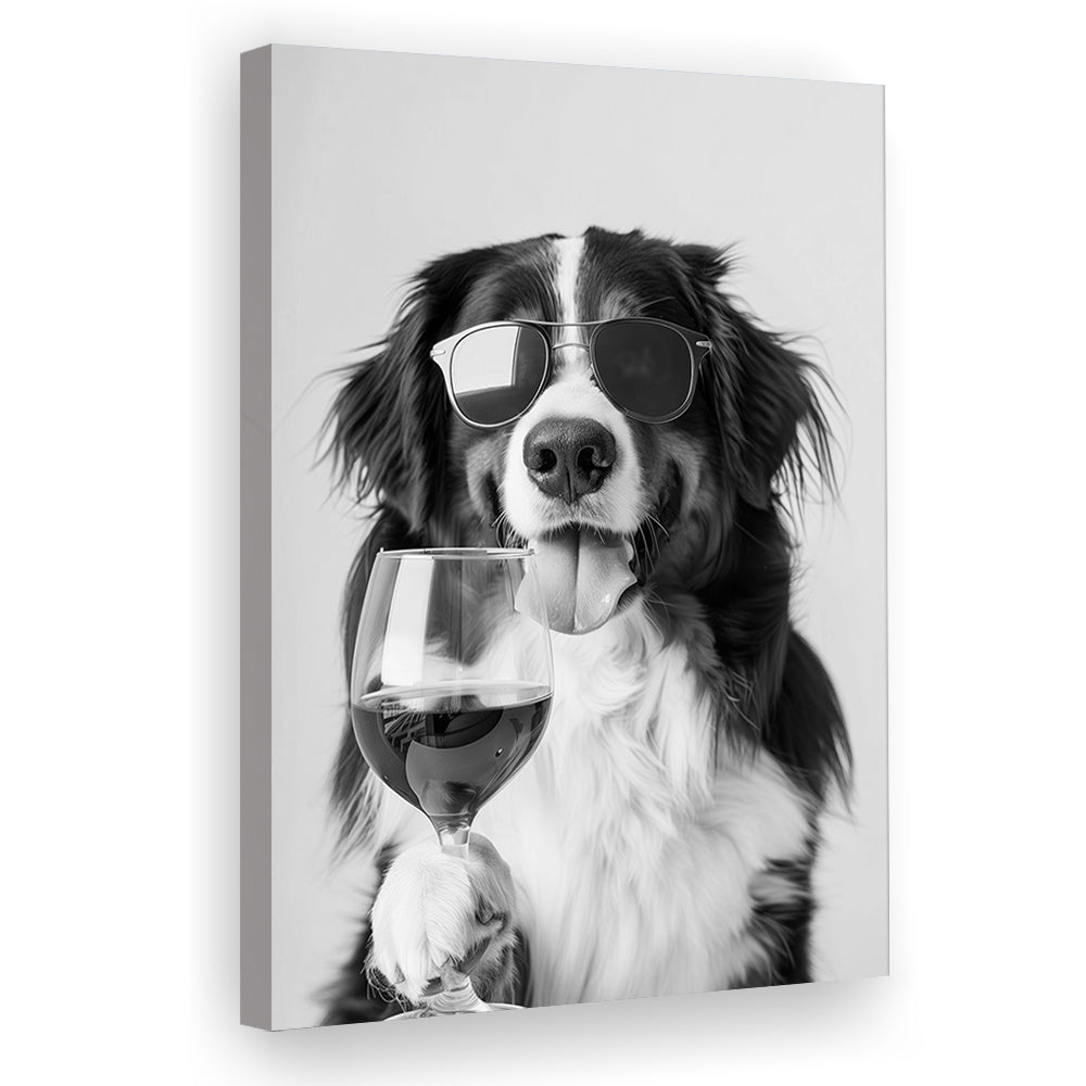 Bernese Mountain Dog and Wine Canvas Print Wall Art, Black and White, Bernese Gift,, Kitchen Wall Decor
