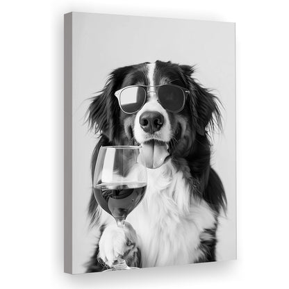 Bernese Mountain Dog and Wine Canvas Print Wall Art, Black and White, Bernese Gift,, Kitchen Wall Decor