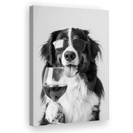 Bernese Mountain Dog and Wine Canvas Print Wall Art, Black and White, Bernese Gift,, Kitchen Wall Decor