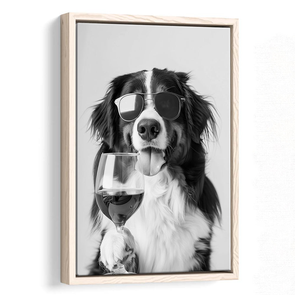Bernese Mountain Dog and Wine Framed Canvas Print Wall Art, Black and White, Bernese Gift, Kitchen Wall Decor