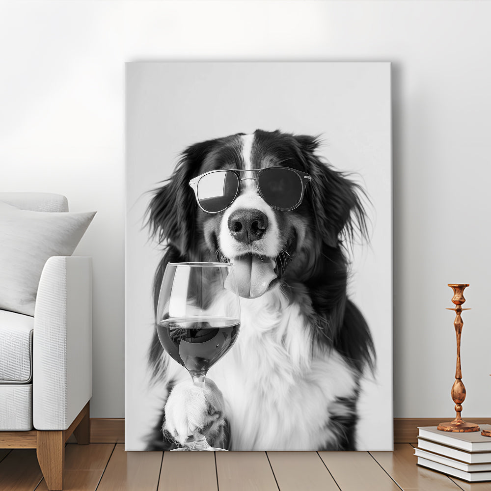 Bernese Mountain Dog and Wine Canvas Print Wall Art, Black and White, Bernese Gift,, Kitchen Wall Decor