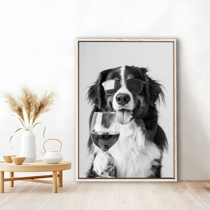 Bernese Mountain Dog and Wine Framed Canvas Print Wall Art, Black and White, Bernese Gift, Kitchen Wall Decor