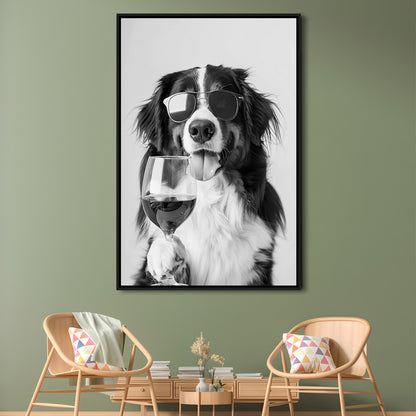 Bernese Mountain Dog and Wine Framed Canvas Print Wall Art, Black and White, Bernese Gift, Kitchen Wall Decor