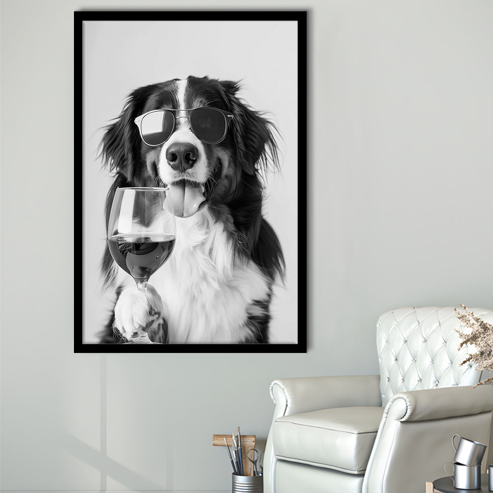 Bernese Mountain Dog and Wine Framed Art Print Wall Decor, Black and White, Bernese Gift, Kitchen Wall Decor