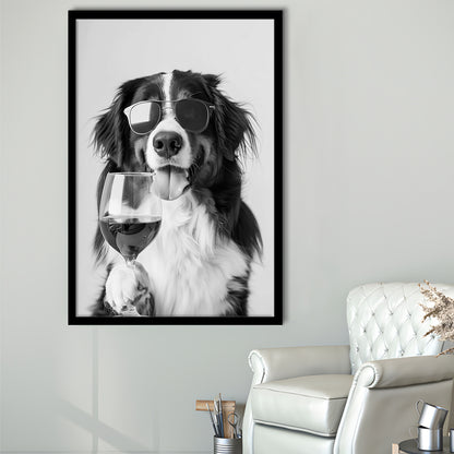 Bernese Mountain Dog and Wine Framed Art Print Wall Decor, Black and White, Bernese Gift, Kitchen Wall Decor