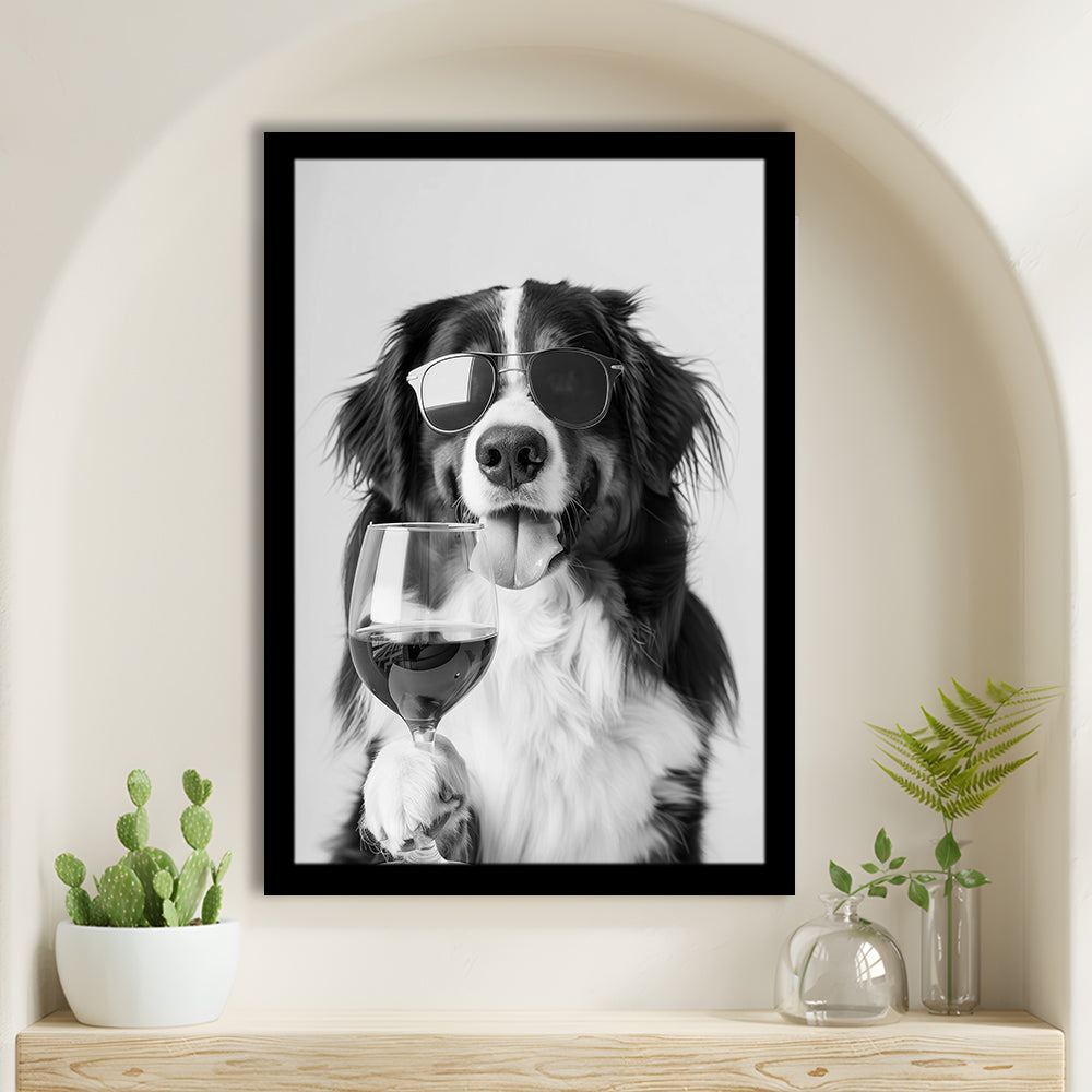 Bernese Mountain Dog and Wine Framed Art Print Wall Decor, Black and White, Bernese Gift, Kitchen Wall Decor