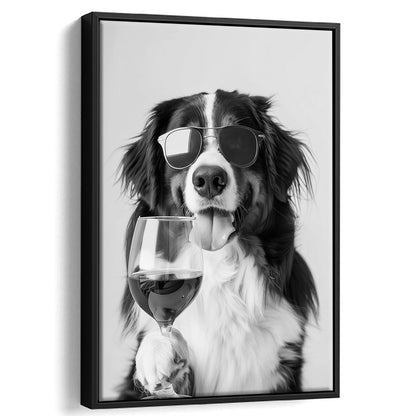 Bernese Mountain Dog and Wine Framed Canvas Print Wall Art, Black and White, Bernese Gift, Kitchen Wall Decor