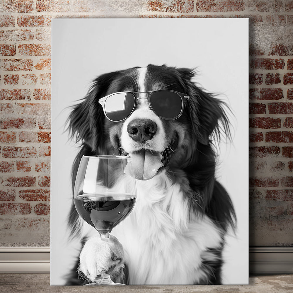 Bernese Mountain Dog and Wine Canvas Print Wall Art, Black and White, Bernese Gift,, Kitchen Wall Decor