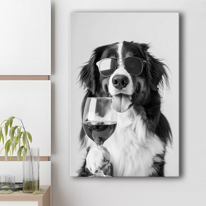 Bernese Mountain Dog and Wine Canvas Print Wall Art, Black and White, Bernese Gift,, Kitchen Wall Decor