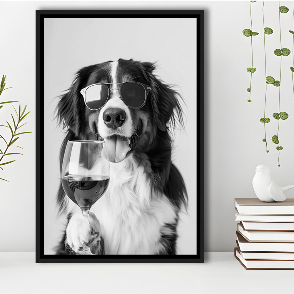 Bernese Mountain Dog and Wine Framed Canvas Print Wall Art, Black and White, Bernese Gift, Kitchen Wall Decor