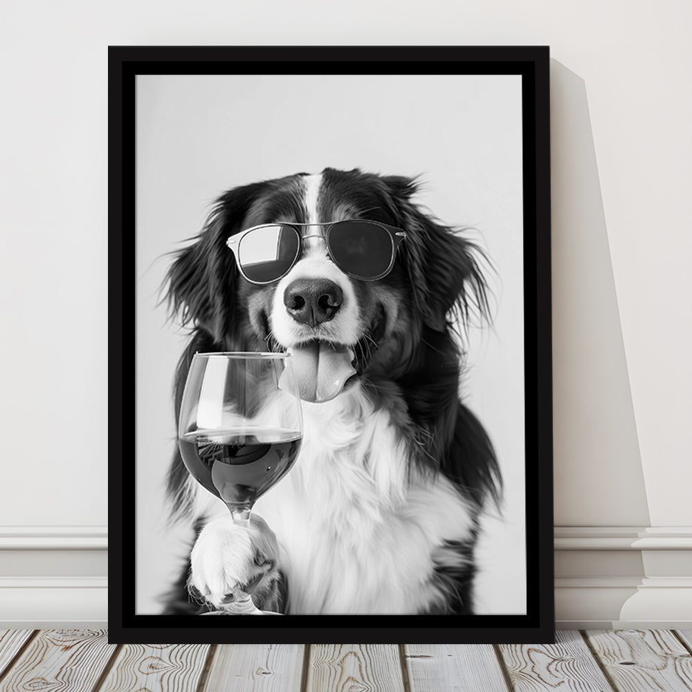 Bernese Mountain Dog and Wine Framed Canvas Print Wall Art, Black and White, Bernese Gift, Kitchen Wall Decor