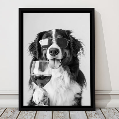 Bernese Mountain Dog and Wine Framed Canvas Print Wall Art, Black and White, Bernese Gift, Kitchen Wall Decor